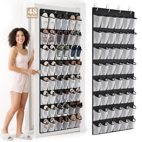 48 Pockets Over the Door Shoe Organizer, 1 Pack, 6-Column Heavy Duty Shoe Storage for Sneakers and Heels, Color Block Mesh Hanging Rack for Entryway or Bedroom, Black with White Accents — image 1