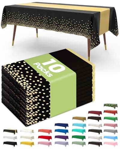 Pureegg Plastic Table Cloth Disposable 10 Pack, 54 x 108 Inch, Table Runner Style, Graduation Decorations 2026, Party Tablecloths, Rectangle, Plastic Cover, Leakproof & Sturdy, Black Gold — image 1