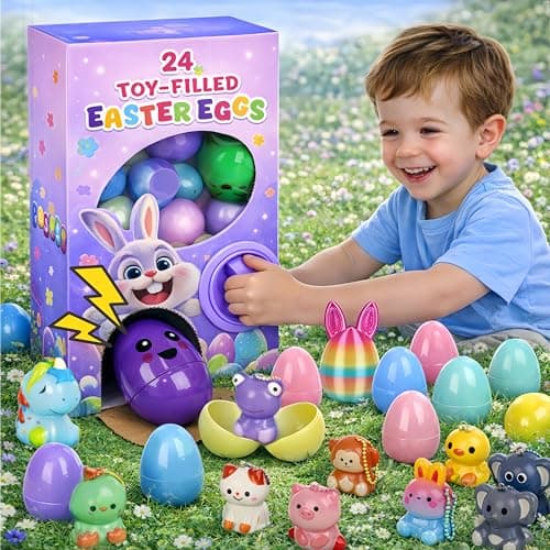 24PCS Prefilled Easter Eggs with Toys Inside - Gumball Machine Style Easter Egg Hunt Game with Mixed 3 Surprise Egg Sizes, Toy-Filled Easter Eggs for Kids, Easter Gifts, Party Favors & Basket Stuffers