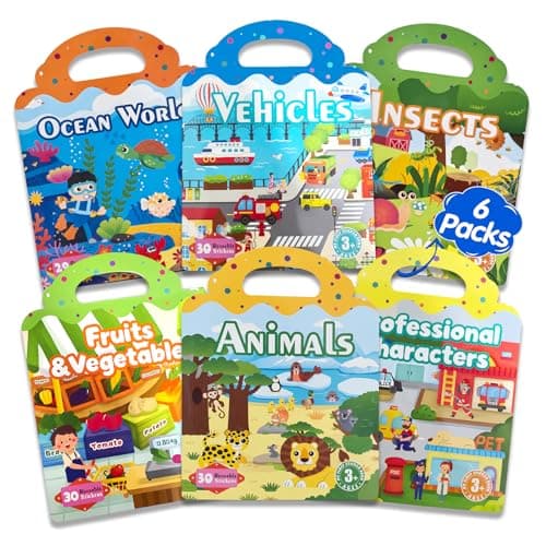 ACGROW 6 Sets Reusable Sticker Book for Kids, Puffy Jelly Stickers for Toddlers, Travel Essentials Craft Activities Toys for Boys Girls Birthday Gifts