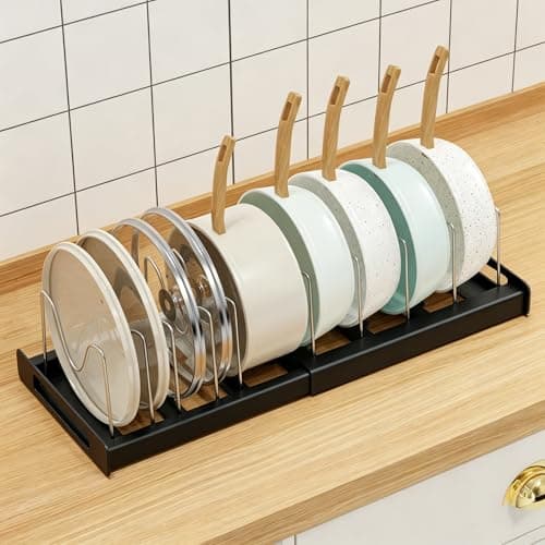 Nigelia Pots and Pans Organizer for Under Cabinet 22" Expandable Food Storage Container Lid Organizers with 10 Adjustable Dividers Pot and Pan Lid Holders Rack Inside Cabinet&Kitchen Countertop(Black) — image 1