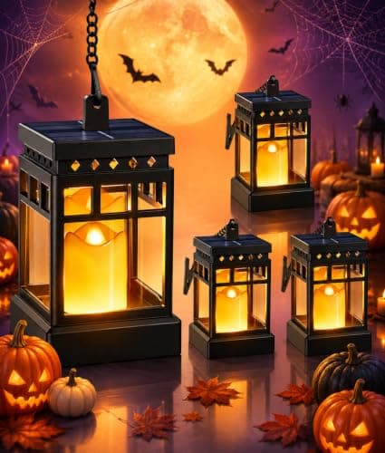 KOOPER Halloween Decorations Solar Lanterns, 2 Modes with Flickering Candle | Flickering Flameless Mode & Constant Light Mode, Hanging Solar Lantern Waterproof for Halloween Decor, Patio, Yard and Tree — image 1