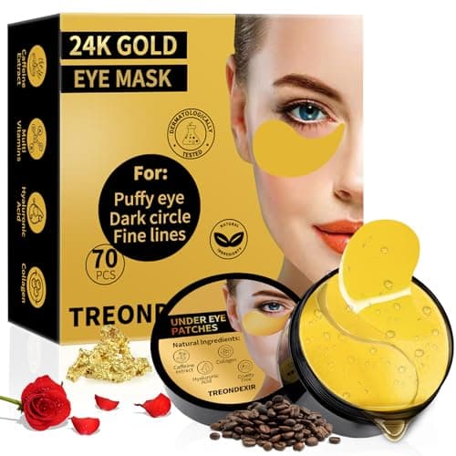 24K Gold Eye Masks for Dark Circles and Puffiness 70PCS, Under Eye Patches for Puffy Eyes Treatment, Under Eye Gel Pads w/ Collagen, Caffeine, Peptides for Eye Bags Treatment, Gel Eye Mask Skincare — image 1