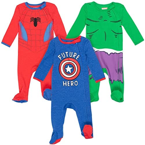 Marvel Avengers 3 Pack Zip-Up Long Sleeve Sleep N' Play Coveralls, One Piece Outfit, Baby Boys