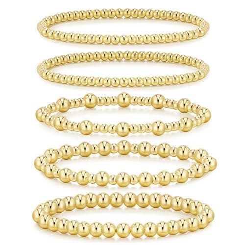 Gold Bracelets for Women Waterproof, 14K Gold Plated Beaded Strand Bead Ball Bracelets stack Adjustable Jewelry Set for Gifts — image 1