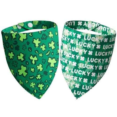 Dimidium 2-Pack Shamrock & Clover Dog Bandanas Set for St Patricks Day - Cute 3 Leaf Pattern & Lucky Print, Adjustable Snap Button Irish Holiday Costumes Pet Scarf for Small - Medium Breeds(5-30lbs)