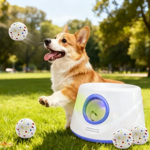 Dog Ball Launcher - Automatic Ball Launcher for Dogs, 3 Adjustable Distance Settings Dog Ball Thrower, Indoor Outdoor Interactive Dog Toys, with 3 2.3-inch Balls, Small/Medium Sized Dog Thrower