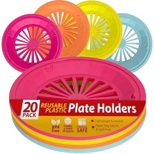 Besti Reusable Plastic Paper Plate Holders 10 Inch, 20 Piece Round Plastic Paper Plate Holder Set with Snap-In Grooves, Dishwasher Safe, 4 Assorted Colors — image 1