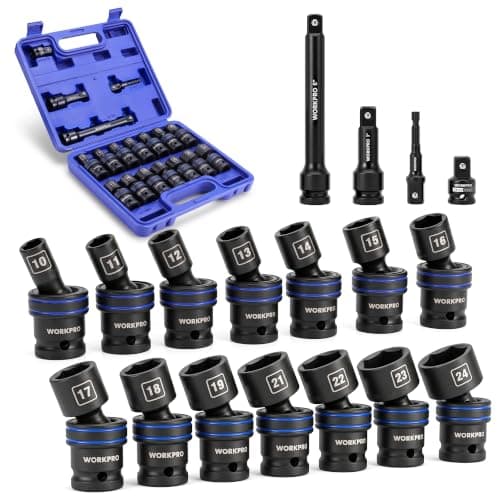 WORKPRO 18 PCS 1/2" Drive Impact Swivel Socket Set, Universal Joint Socket | Metric Wobble Socket Set (10-24mm) with 3", 6" Extension Bar, Socket Adapter, Drill Bit Adapter, CR-MO & S2, Standard 6 Point — image 1