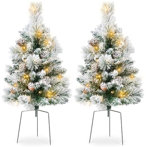Best Choice Products Set of 2 24.5in Outdoor Flocked Scotch Pine Pathway Christmas Trees, Battery Operated Pre-Lit Holiday Décor w/LED Lights — image 1