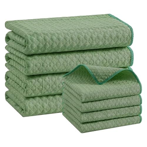 Homaxy Microfiber Waffle Weave Kitchen Towels Set, 16 x 28 Inch and 12 x 12 Inch Ultra Absorbent and Solid Color Dish Towels, 8 Pack, Grass Green — image 1