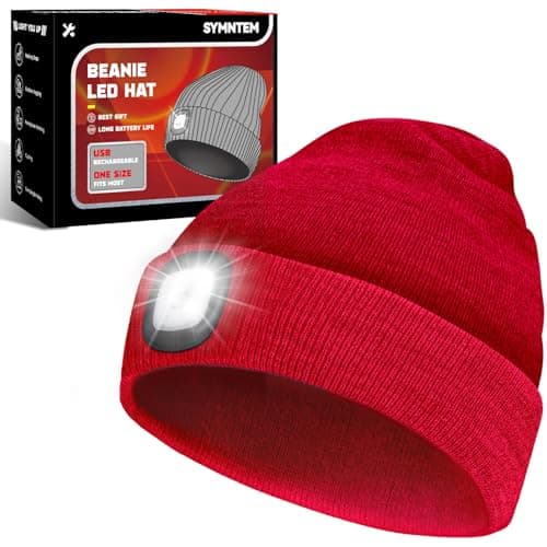SYMNTEM Unisex Beanie Hat with Light, Rechargeable Headlamps Cap, Gifts for Men, Hiking, Camping headlamps, Cool Gadget Birthday Gifts for Men, Women, Dad, Father, Boyfriend, Red — image 1