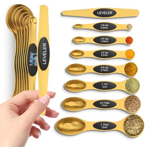 Magnetic Measuring Spoons Set with Strong N45 Magnets, Heavy Duty Stainless Steel Metal, Fits in Most Kitchen Spice Jars for Baking & Cooking, BPA Free, Multicolor, Set of 8 with Leveler(Gold)