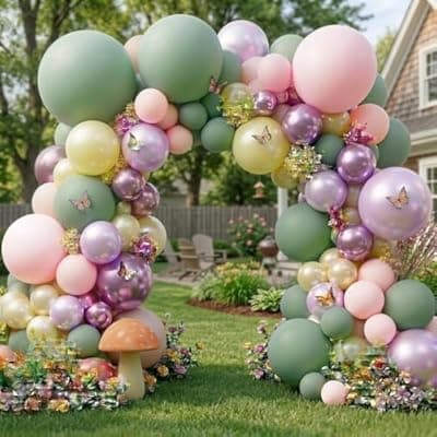 Green Pink Balloon Arch Kit Double Stuffed Light Pastel Lavender Yellow Pearl Balloon Garland for Baby Shower Birthday Spring Wildflower Fairy Garden Tea Butterfly Party Decorations