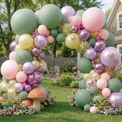 Green Pink Balloon Arch Kit Double Stuffed Light Pastel Lavender Yellow Pearl Balloon Garland for Baby Shower Birthday Spring Wildflower Fairy Garden Tea Butterfly Party Decorations — image 1