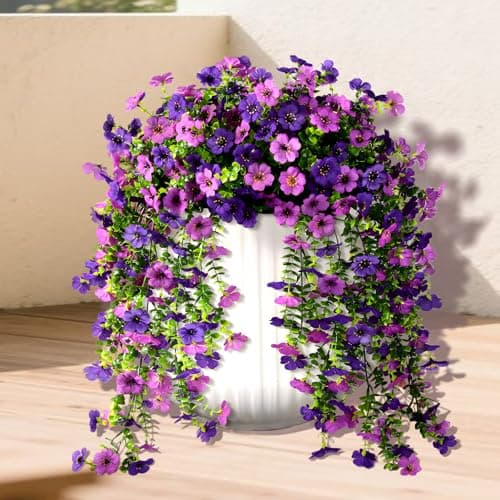 Artificial Fake Flowers Plants for Outdoors, 2 PCS UV Resistant Faux Silk Daisy with Eucalyptus Leaves Hanging Flowers for Home Garden Balcony Yard Porch Decor(Double Purple) — image 1