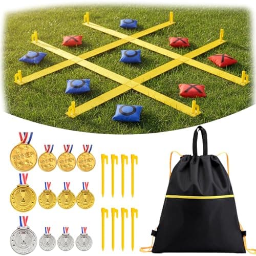 Giant Outdoor Tic Tac Toe Game 4ft x 4ft – Bean Bag Toss Set with 12 Award Medals, Stakes & Carry Bag – XL Lawn Yard Games for Kids Adults, Backyard Field Day Carnival & Family Party