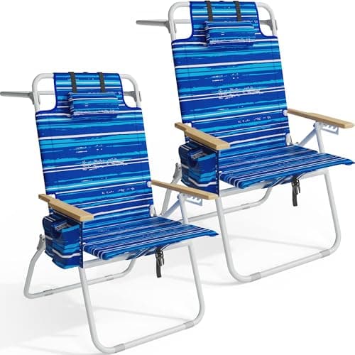 Tall Beach Chairs for Adults, 17" High Backpack Beach Chair with Wooden Armrests, 5 Positions Reclining Heavy Duty Chair with Large Cooler Pouch, Support to 350LBS Striped Blue,2pack — image 1