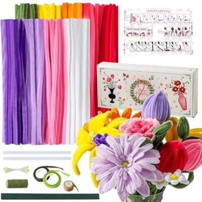 JollyPetal&Twig Pipe Cleaners Craft,Chenille Stems Plush Craft Kit,Pink Pipe Cleaners Flowers Kit with Floral Tape for Wedding Gifts Graduation Bouquet(Colorful)