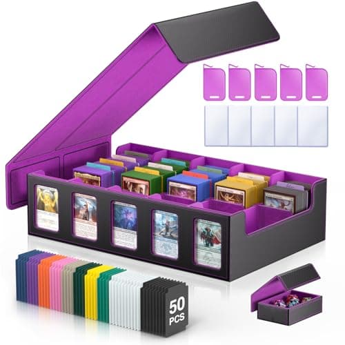 MORCCO Trading Card Storage Box 5-Row 3900+ Capacity,TCG MTG Card Case with Magnetic Lid & Commander Display,Top Loader Storage for Sports Cards,Includes Dividers Dice Box(Black Purple)