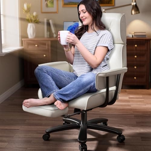 SeekFancy Criss Cross Chair with Wheels and Arms, Reclining Office Chair with Footrest and Wide Seat, Leather Big and Tall Desk Chair 400LBS, Button Tufted Vintage Design, White — image 1