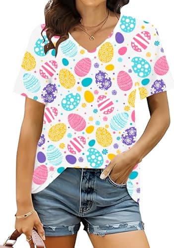 Easter Shirts for Women V Neck Happy Bunny Tshirt Cute Easter Rabbit Eggs Graphic Tee Spring Colorful Tops