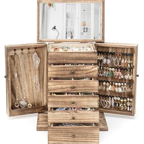 Emfogo Wooden Jewelry Box for Women, 6-Tier Large Jewelry Organizer Boxes with Mirror Rustic Solid Wood jewlery Storage Display for Rings Earrings Necklaces Bracelets watches(Carbonized Brown) — image 1