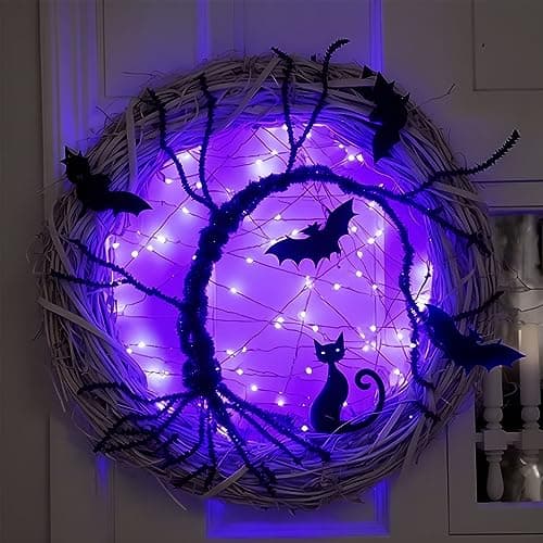 Halloween Wreaths for Front Door, 15 Inch Halloween Lighted Wreath with Bat and Cat Decor, 45 LED Purple Lights Battery Operated, Front Door Porch Wreath Decorations for Holiday Party — image 1