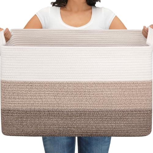 OIAHOMY Extra Large Blanket Basket, 95L Woven Storage Basket, Cotton Rope Toy Bin for Baby Room, Container for Storage in Living Room, 24''×17''×14'', Gradient Brown