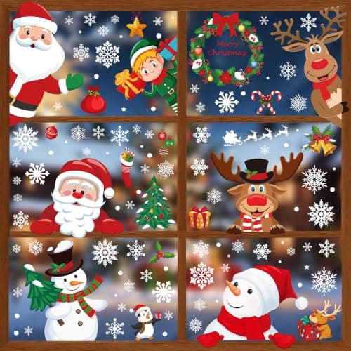 186PCS Christmas Decor, Christmas Window Clings, 9 Sheets Snowflake Window Stickers Decals with Santa Claus Snowman Reindeer, PVC Xmas Decorations Clings for Holiday Party Decorations Accessories — image 1