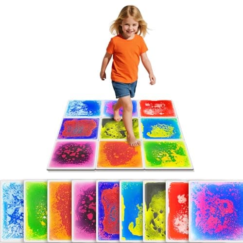 Liquid Sensory Floor Tiles for Kids Ages 3+, 12" Step-On Sensory Tiles with Non-Slip Base, Interactive Color-Flow, Assorted Colors, Classroom & Group Activity Set (9-Pack)