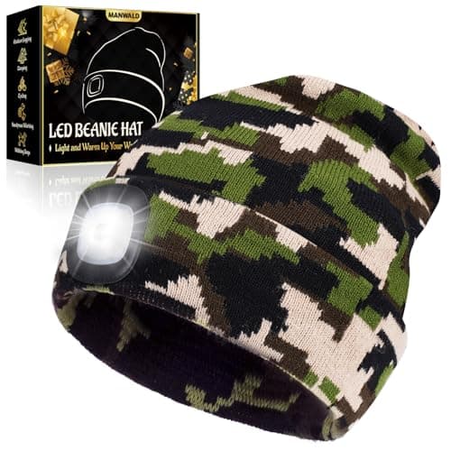 MANWALD LED Beanie Hat with Light, USB Rechargeable LED Headlamp, Gifts for Men, Him, Mens Gifts, Birthday Gifts for Dad Husband, Boyfriends, Black, Camouflage — image 1