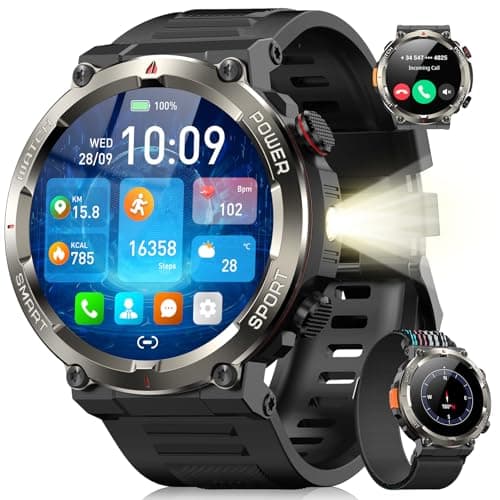 Military Smart Watch for Men(Answer/Make Calls),Outdoor Smartwatch with 100 Days Battery/Flashlight/Compass/Heart Rate/SpO2/Sleep Monitor/2 Straps, Rugged Fitness Watch for iPhone/Android Phones — image 1