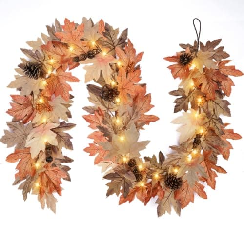 6 Ft Fall Garland with Lights & Timer, Thanksgiving Fireplace Mantel Decor | 30 Warm LED Lights, 6H Timer, Maple Leaves, Berries and Pine Cones, Flexible Vine, Lighted Porch Table Autumn Decor — image 1