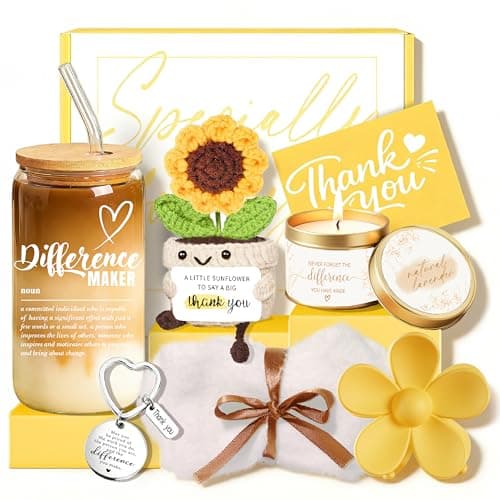 Thank You Gifts for Women Appreciation Gift Basket Sunflower Scented Candle Glass Cup Crochet Decor Unique Set for Coworkers Teacher Employee Volunteer Social Worker Paraprofessional — image 1