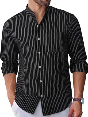 BAYAMO Men's Banded Collar Stripe Shirt, Linen Cotton Mandarin Collar Long Sleeve Button Down Shirts Collarless Tops — image 1