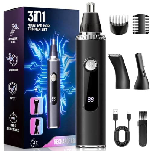 Nose Hair Trimmer for Men Women,3-in-1 Rechargeable Ear and Nose Trimmer with LED Display, Painless Eyebrow, Sideburn and Facial Hair Trimmer, USB-C, Waterproof, Dual-Edge Blades, gifts for men(Black) — image 1