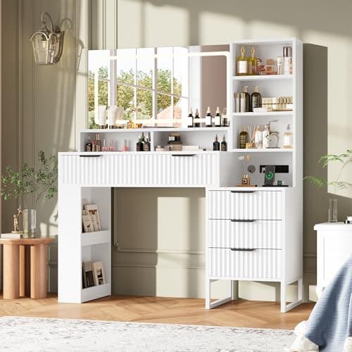 HAIOOU Fluted Vanity Desk with Mirror and Lights,48" Large Makeup Vanity Desk with Charging Station,Dressing Table with 4 Drawers & 3 Open Storage Shelves, Glass Top for Bedroom,White