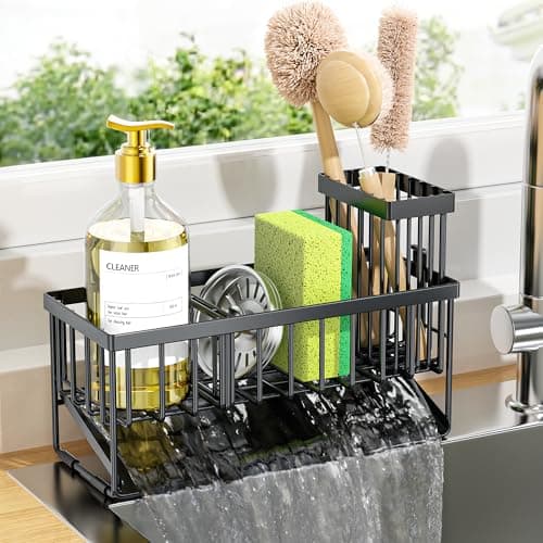 Cisily Sink Caddy Sponge Holder for Kitchen with Brush Holder and Stainless Steel Self Drain Tray, Rustproof Kitchen Sink Organizer for Sponge, Soap Dispenser Storage Accessories — image 1