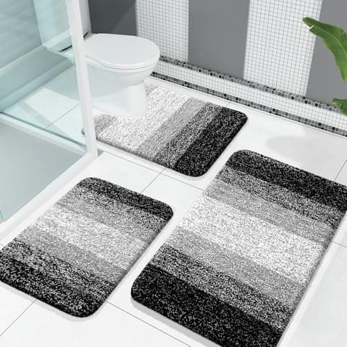 OLANLY Bathroom Rugs Sets 3 Piece, Soft Absorbent Microfiber Bath Mats and U-Shaped Contour Toilet Rug, Plush Shaggy Bath Mat Set for Bathroom (30"x20"+24"x16"+24"x20", Black) — image 1