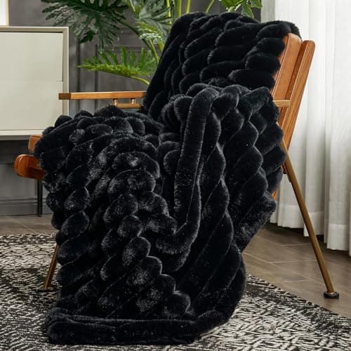 Cozy Bliss Faux Fur Throw Blanket for Couch, Cozy Warm Plush Striped Blanket for Sofa Bedroom Living Room, 50 * 60 Inches Black — image 1