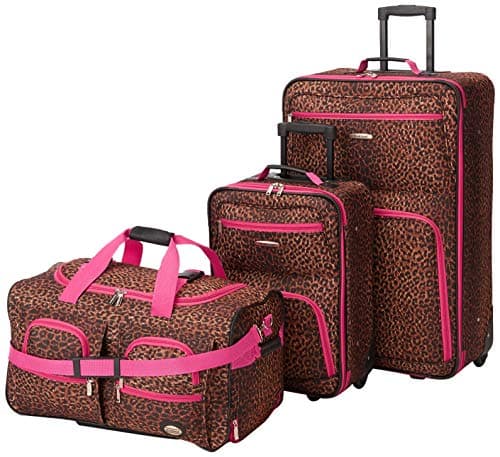 Rockland Vara Softside 3-Piece Upright Luggage Set, Pink Leopard, 3-Piece Set (20 inch/28 inch/22 inch duffel)