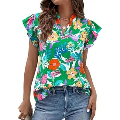 Zenlonr Womens Dressy Casual Tops 2026 Summer Ruffle Cap Sleeve V Neck Shirts Boho Floral Blouses Vacation Outfits
