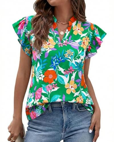 Zenlonr Womens Dressy Casual Tops 2026 Summer Ruffle Cap Sleeve V Neck Shirts Boho Floral Blouses Vacation Outfits — image 1