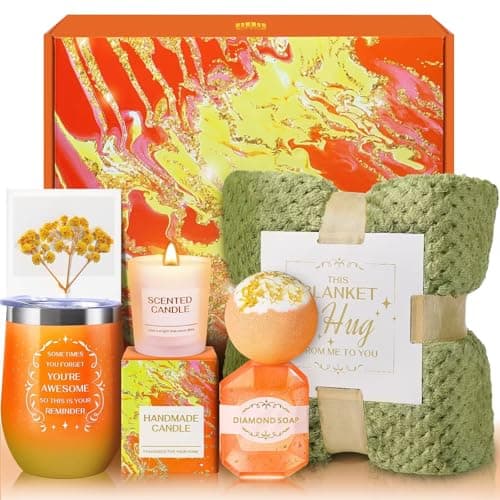 Birthday Gifts for Women, Mothers Day Gifts, Appreciation Gift Teacher & Nurse Get Well Soon Spa Retirement Gift Basket with Flannel Blanket for Mom, Grandma, Sister, Wife, Girlfriend, (orange) — image 1