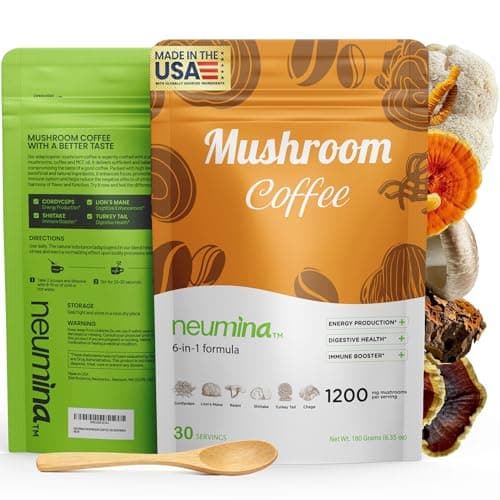 Neumina 6-in-1 Mushroom Coffee, Energy Coffee with 6 Adaptogenic Mushrooms (Cordyceps, Lion's Mane, Reishi, Chaga, Shiitake, Turkey Tail Total 1200mg), Almost30 Servings, 180g — image 1
