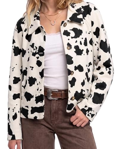 luvamia Faux Suede Cow Print Fall Jackets For Women Cropped Jacket Shacket | Faux Leather, Full Lining, Button Down Shackets For Women With Pockets, Oversized Fall Outerwear, Cowgirl Outfits For Women — image 1