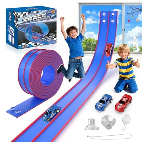DKOXT 15 Ft Flexible Race Track for Kids, DIY Car Track Set with 2 Toy Cars & 3 Suction Cup Ramps, Easter Basket Stuffers for Teens & Boys Girls, Creative Easter Gifts for Kids, Blue