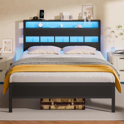 Furnulem Full Size Bed Frame with LED Light and Charging Station, Wood Storage Headboard with 2-Tier Shelves, Metal Platform Bed with Heavy Duty Slats Support, No Box Spring Needed, Black Oak — image 1