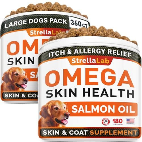 StrellaLab Omega 3 for Dogs - (360Ct) Fish Oil Treats - Allergy & Itch Relief Skin & Coat Supplement - Dry Itchy Skin, Anti Shedding & Hot Spots Treatment - Pet Salmon Oil Chews - Salmon Flavor